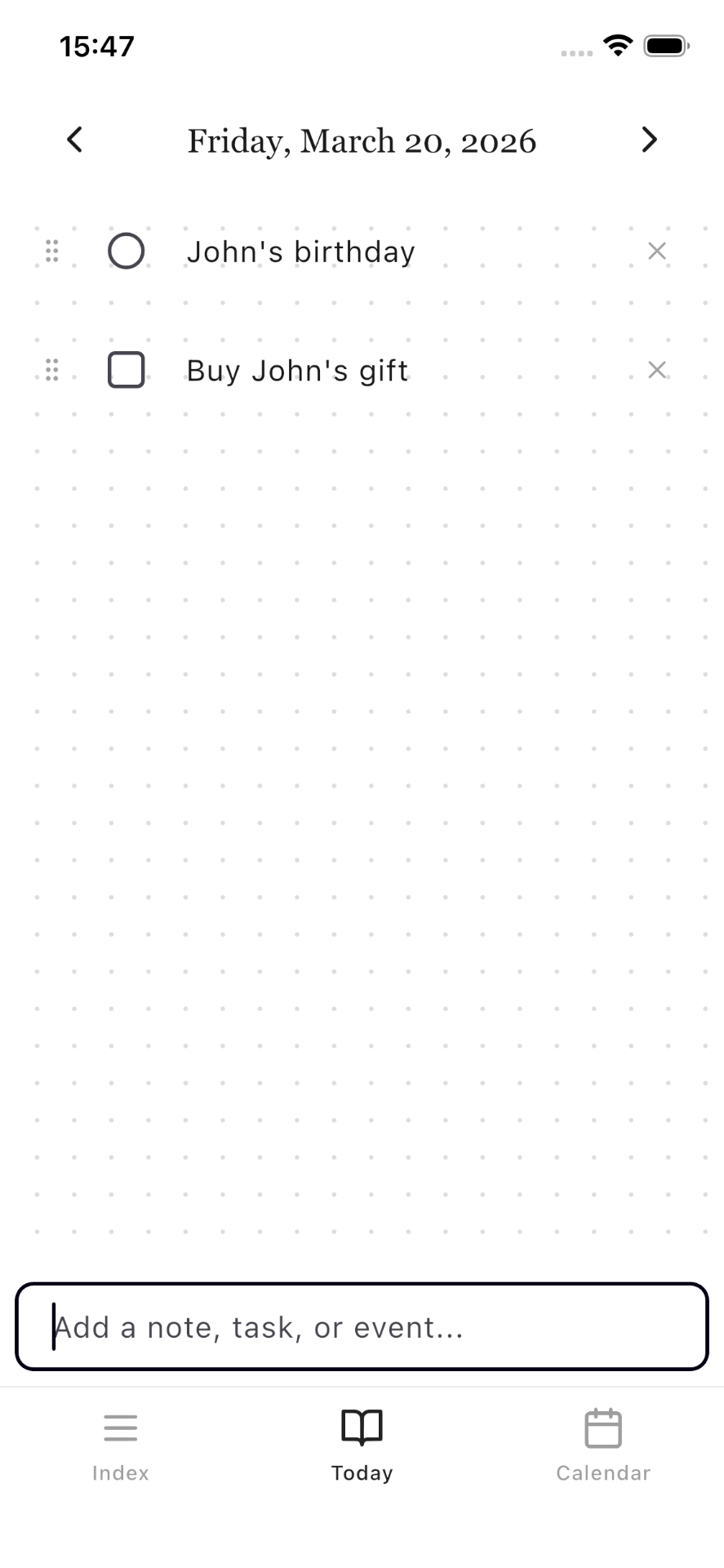 Dotary today page showing tasks and events